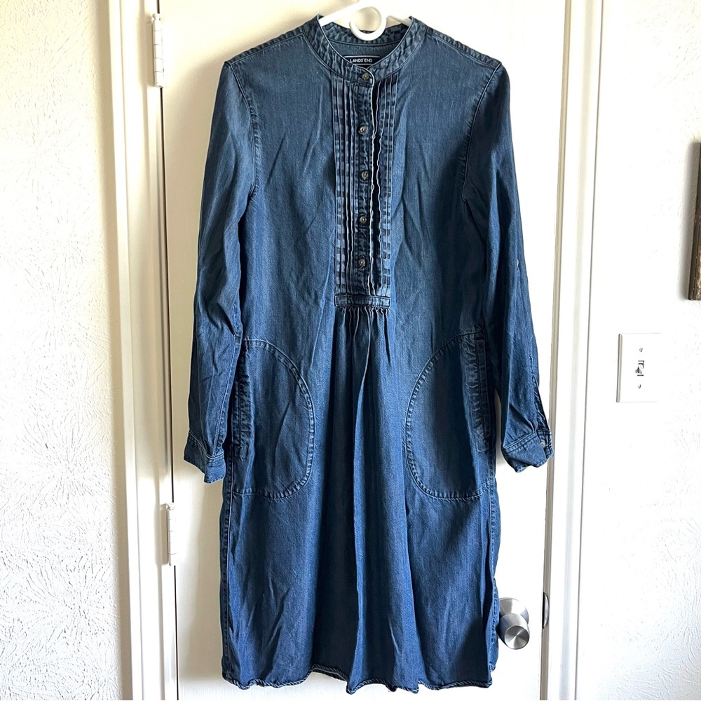 Lands End Shirt Dress Womens 12 Blue Chambray Pintuck Roll Tab Sleeve Pockets - Picture 2 of 12